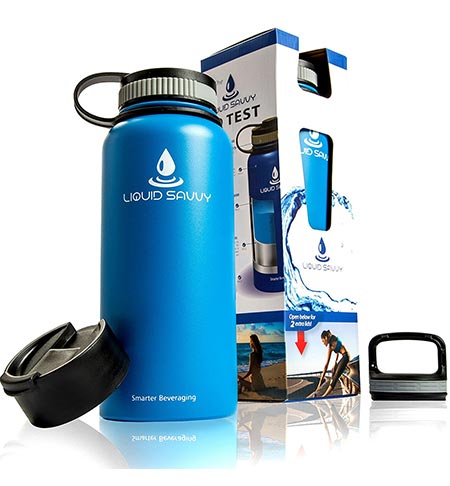 2 Liquid Savvy 32 oz Insulated Water Bottle with 3 lids 