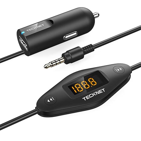 7 TECKNET F27 In Car Universal FM Transmitter featuring 3.5mm Audio Plug and USB Car Charger