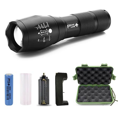 2 Peak plus Super Bright LED Tactical Flashlight with a rechargeable battery.