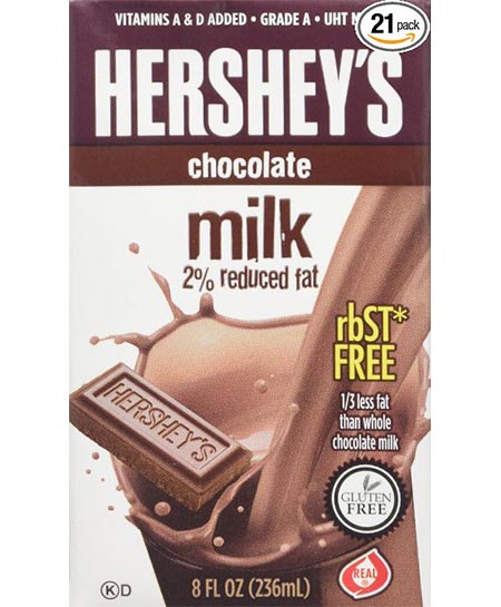 6. Hershey’s Chocolate Milk Flavored Drink, Aseptic Boxes 21-8 Ounce