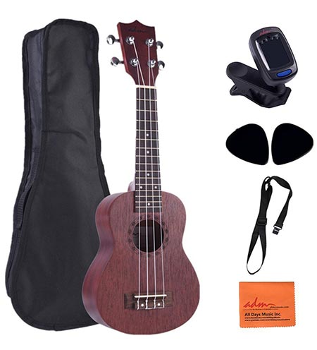 10. ADM Mahogany Soprano 21 Inch Ukulele Beginner Kit with Gig Bag, E-tuner, Strap and Picks