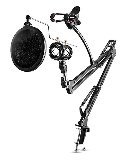6. AOREAL Microphone Stand with Phone Holder, Replaceable Shock Mount and Pop Filter