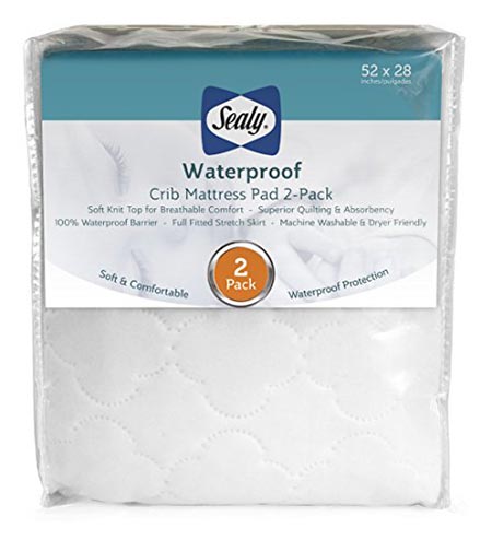 6 Sealy Waterproof Fitted Crib/Toddler Mattress Pad Cover 2-Pack - 100% Waterproof, Deep Fitted Stretch Skirt, Machine Washable & Dryer Friendly 52”x28” - 2 Protector Pads (White)