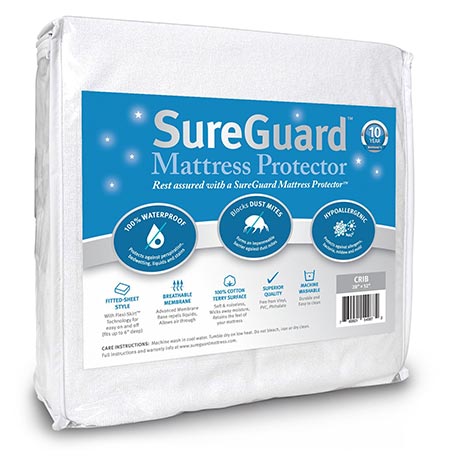 4 Crib Size SureGuard Mattress Protector - 100% Waterproof, Hypoallergenic - Premium Fitted Cotton Terry Cover - 10 Year Warranty