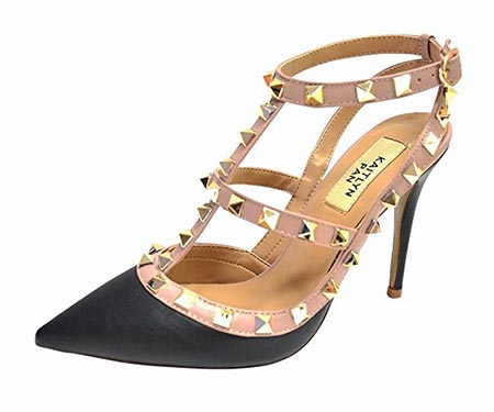 9 Kaitlyn Pan Pointed Toe Studded Strappy Slingback High Heel Leather Pumps Stilettos Sandals