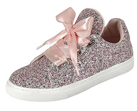 10 Forever Link Womens Round Toe Ribbon Bow Lace Up Glitter Fitness Gym Trainer Fashion Sneakers