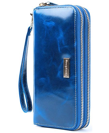 12 Borgasets Women's Leather Organizer Wallet Double zip Clutch with Wristlet Strap
