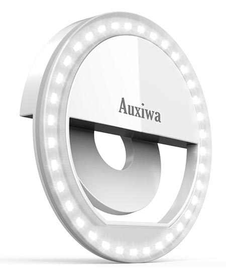 6. Auxiwa Clip on Selfie Ring Light [Rechargeable Battery] with 36 LED For Smart Phone Camera Round Shape, White