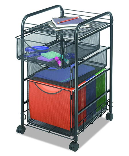 9. Safco Products 5213BL Onyx Mesh File Cart with 1 File Drawer and 2 Storage Drawers, Letter Size, Black