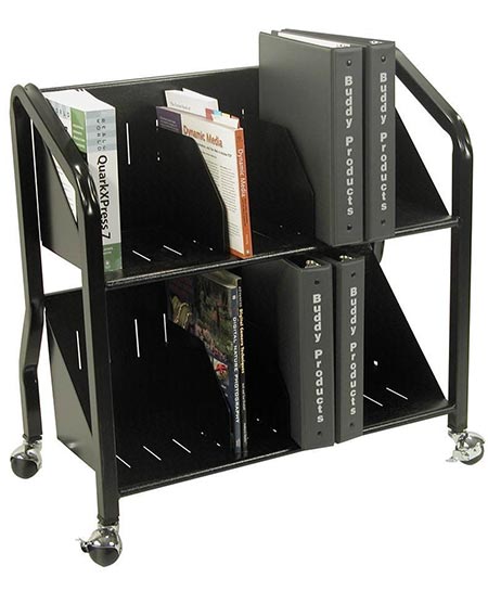 4 Buddy Products Two-Shelf Sloped Book Cart with Dividers, 15 x 27 x 29 Inches, Black (5413-4)