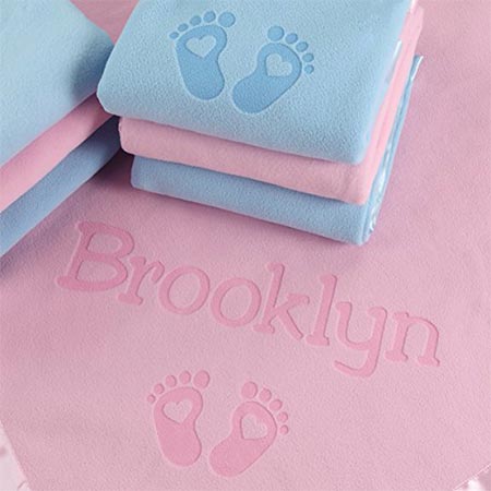 2 PERSONALIZED NEWBORN GIFTS FOR BABY GIRLS, BOYS, OR PARENTS - (36 x 36 inch) Satin Trim Custom Blanket with Name Plus Hearts and Feet Design - Add Birth Date, Weight (Pink, Blue) 