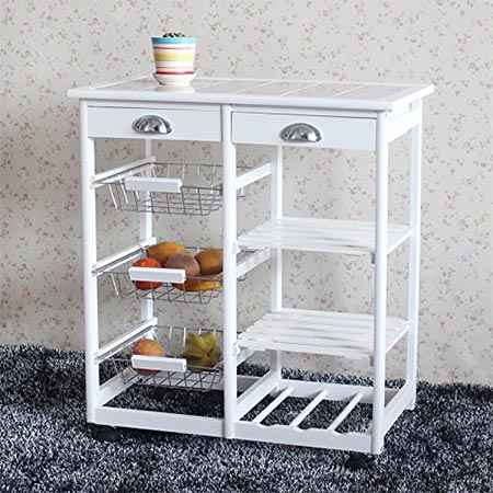 10. Teekland Wood Rolling Kitchen Storage Cart Trolley with Two Drawers/One Wine Rack (White)