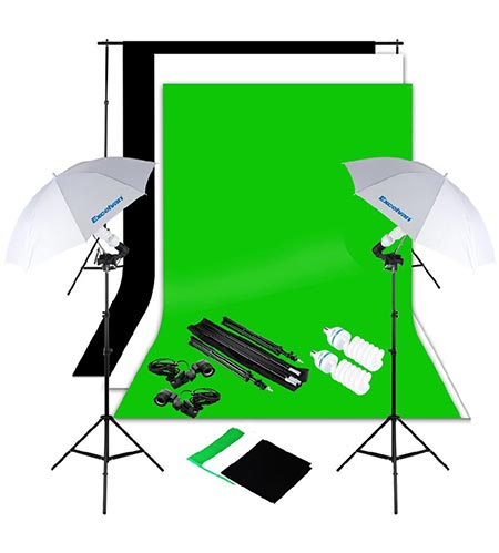  7 Excelvan Photography Lighting Kit 10x6.5FT 1250W Daylight Umbrella and Backdrop Support Stand and 3 Background 9x6FT, White Black Green