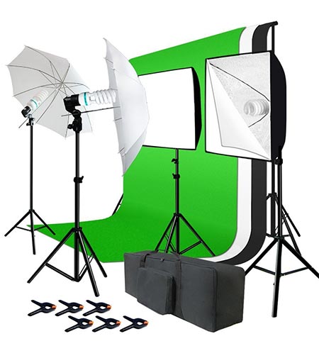3 Julius Studio Photo Studio Kit 6 x 9 ft. Green White Black Muslin Backdrop Screen & Supporting System, Umbrella Reflector, Light Bulb, Soft Box Light Diffuser, Socket, Tripod Light Stand, JSAG195