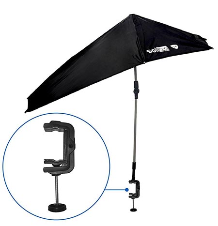 7 SolPro Clamp-On Shade Umbrella – 4 Way Clamp Umbrella with 360 Degree Swivel and Push Button Hinge. Great for Beach Chairs, Bleachers, Strollers, Wagons, Wheel Chairs or Golf Carts (Black)