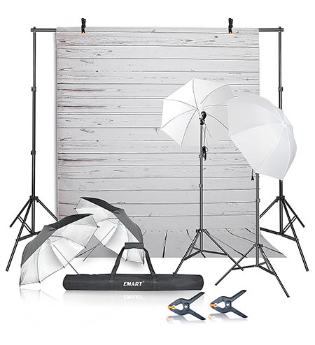 4 Emart Photography Umbrellas Continuous Lighting Kit, 400W 5500K, 10ft Backdrop Support System with Vinyl Plastic White Wood Floor Background Screen for Photo Video Studio Shooting