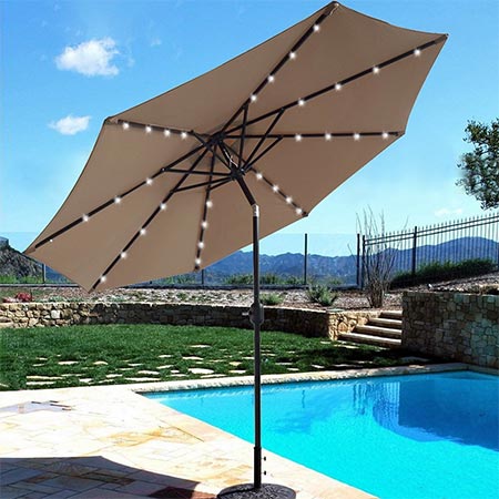 4 BEAU JARDIN 9 ft Solar-Powered Patio Umbrella 32 LED Lights with Push Button Tilt Adjustment and Crank System 8 Rib Steel Pole Deluxe Outdoor Market Table Backyard Deck Poolside Polyester Tan 