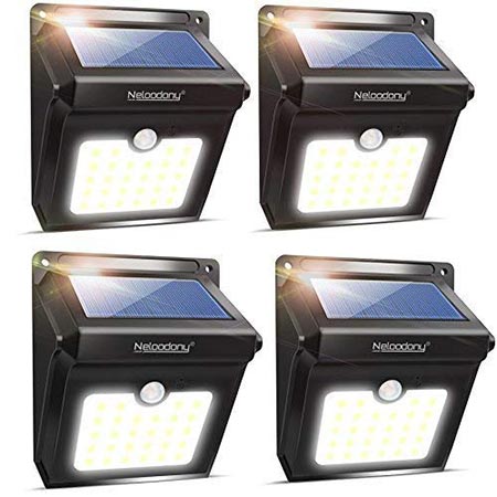 6. Neloodony Solar Lights Outdoor, Wireless 28 LED Motion Sensor Solar Lights with Dark Sensing Auto On/Off, Easy Install Waterproof Security Lights for Front Door, Back Yard, Driveway, Garage (4 Pack)