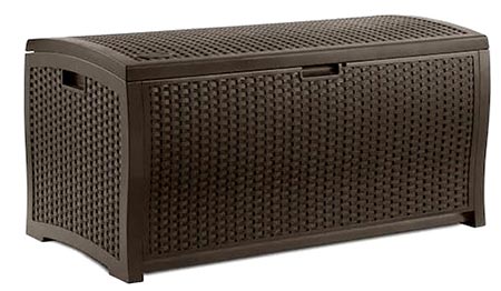 6. 4ft Storage Bench 73 Gallon Patio Resin Rattan Lidded Storage Box Mocha Brown Large