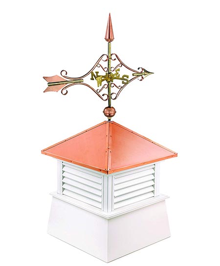 5. Manchester Vinyl Cupola with Victorian Arrow Weathervane, Perfect Size for a Small Shed, 18” square x 44” high, Pure Copper Roof