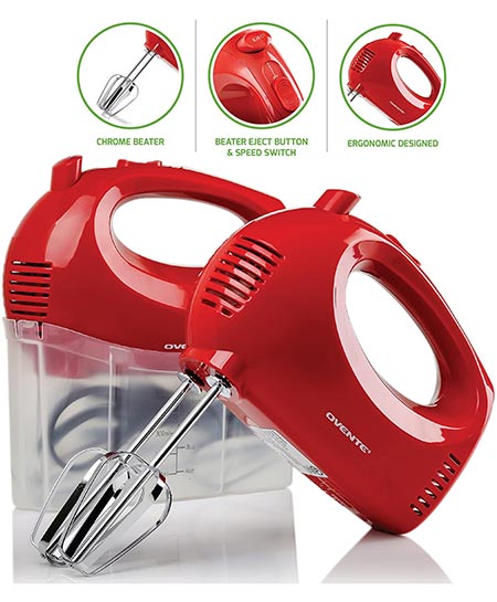 5. Ovente Electric Hand Mixer with 5 Speed Ultra Mixing Power and Snap-On Storage Case