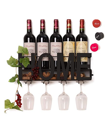 3. SODUKU Wall Mounted Metal Wine Rack 4 Long Stem Glass Holder & Wine Cork Storage
