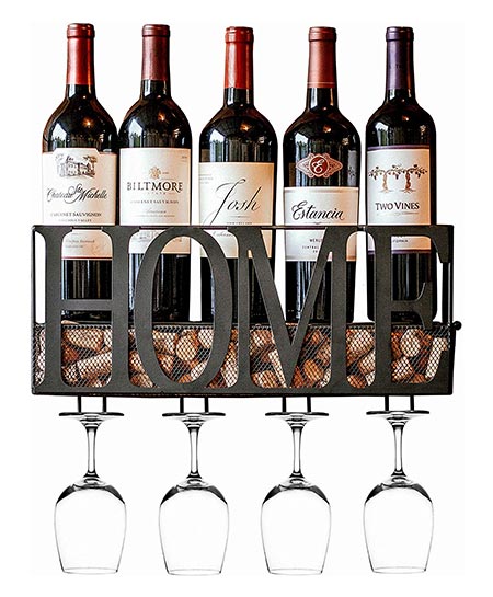 5. MKZ Products Wall Mounted Wine Rack| Wine Bottle Holder| Hanging Stemware Glass Holder| Cork Storage| Storage Rack| Home & Kitchen Décor (Home Black)