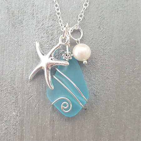 8-Customizable Blue Sea Glass Necklace with Starfish Charm