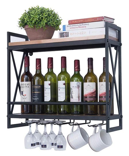 7. Industrial Wine Racks Wall Mounted With 6 Stem Glass Holder, 23.6in Rustic Metal Hanging Wine Holder Wine Accessories, 2-Tiers Wall Mount Bottle Holder Glass Rack, Wood Shelves Wall Shelf