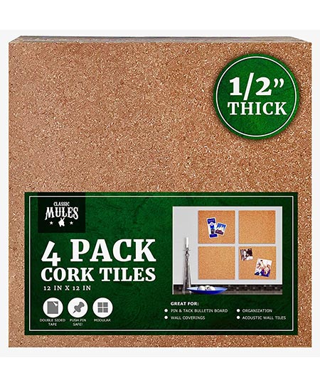 6. Premium Cork Tiles 12’’ x 12’’ – 1/2’’ Thick Cork Board – Bulletin Board – Mini Wall – Ultra Strong Self Adhesive Backing – 4 Pack