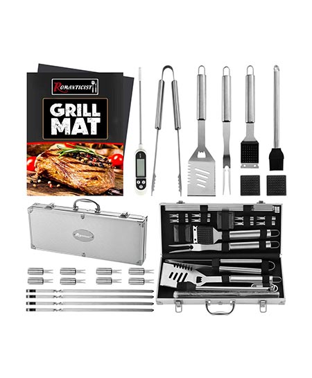 5. Romantic 23ps Must-Have BBQ Grill Accessories Set With Thermometer in Case – Stainless Steel Barbeque Tools Set With 2 Grill Mats for Backyard Outdoor Camping