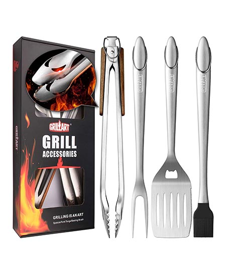 9. GRILLART Heavy Duty BBQ Grill Tools Set. Snake-Eyes Design Stainless Steel Grill Utensils Kit – 18’ Locking Tongs, Spatula, Fork, Basting Brush. Best Barbeque Grilling Accessories, Gift for Men