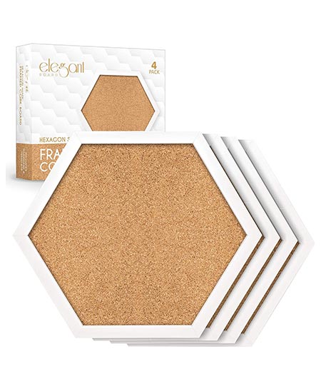 10. Cork Boards Hexagon Diamond Shape 4 Pack White Framed Bulletin Board Modern Decorative Corkboard for Walls (Includes Hardware & Template)