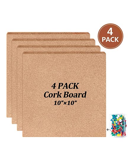 4. Cork Board Tiles 10’’ x 10’’ – ½’’ Thick Bulletin Board Mini Wall with 50 Push Pins, Strong Self Adhesive Backing – 4 Pack
