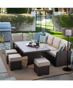 Beltic Living Monticello Dark Brown Modern All Weather Wicker Aluminum Sofa Sectional Patio Dining Set