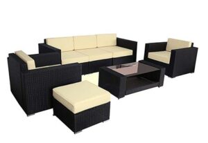 Polar Aurora 7pcs Outdoor Patio Furniture Rattan Wicker Sectional Sofa Chair Couch Set Deluxe (Black)
