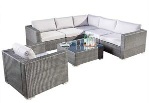 Great Deal Furniture Francisco Outdoor 7-Piece Grey Wicker Seating Sectional Set with Cushions